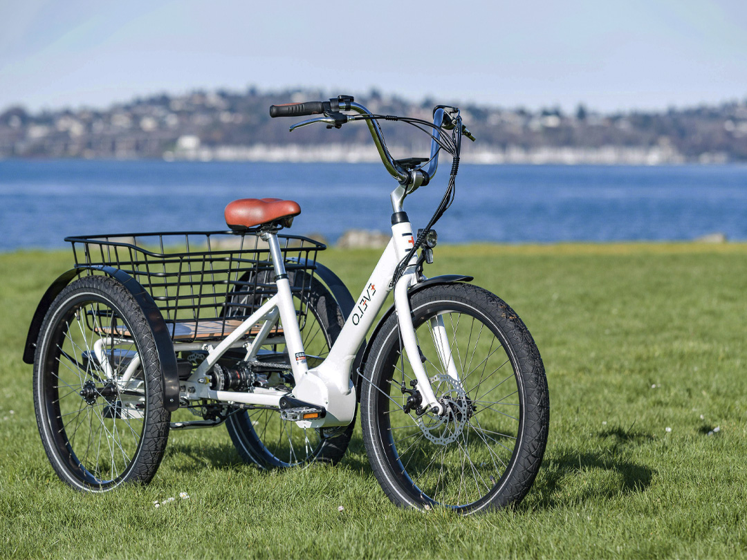 witte driewielfiets op een grasveld