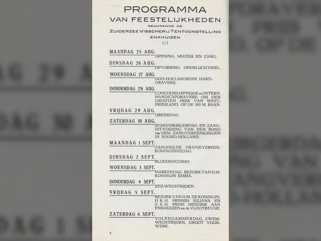 Programma van feestelijkheden gedurende de Z.V.T. Zuiderzee Visscherij Tentoonstelling Enkhuizen