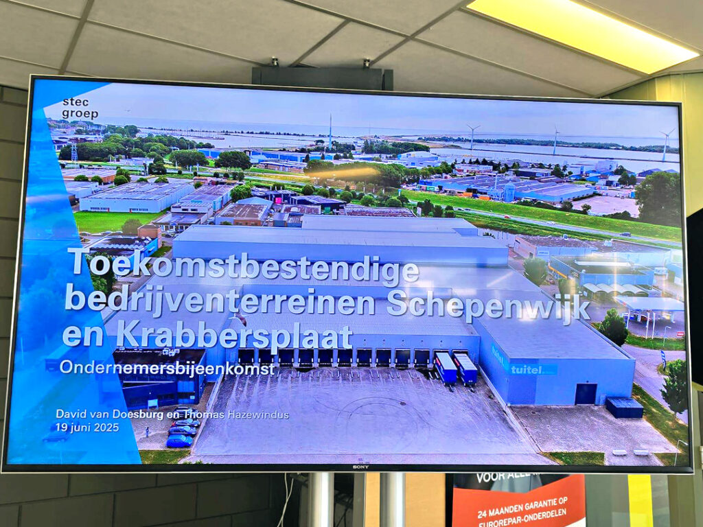 Ondernemerssessie Krabbersplaat beeldscherm met info wat betreft toekomstbestendige bedrijventerreinen schepenwijk en krabbersplaat