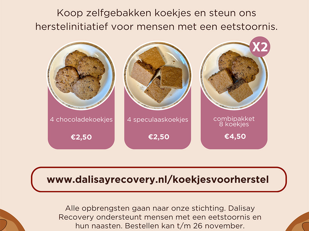 Stichting Dalisay Recovery verkoopt deze maand zelfgebakken koekjes om geld in te zamelen voor de ondersteuning van mensen met een eetstoornis en hun naasten!