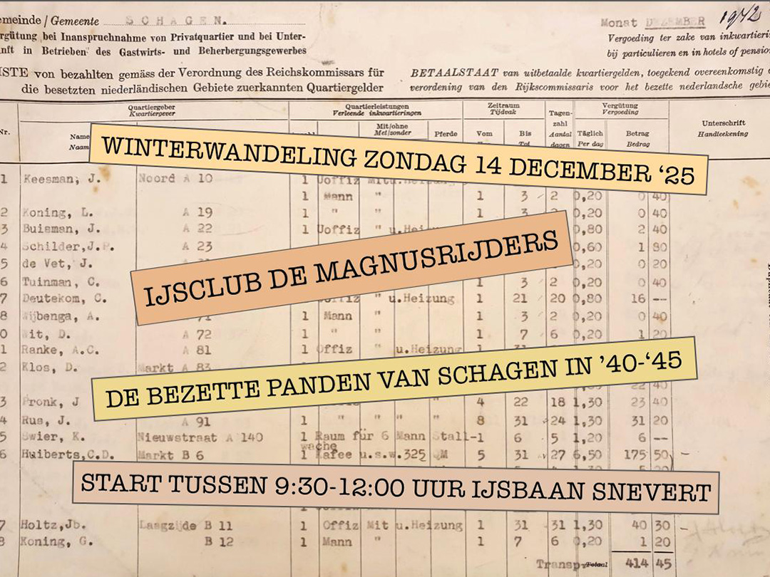 De traditionele en razend populaire Winterwandeling van ijsvereniging De Magnusrijders uit Schagen gaat op zondag 14 december 2025 langs de bezette panden en huizen  in Schagen tijdens WOII!